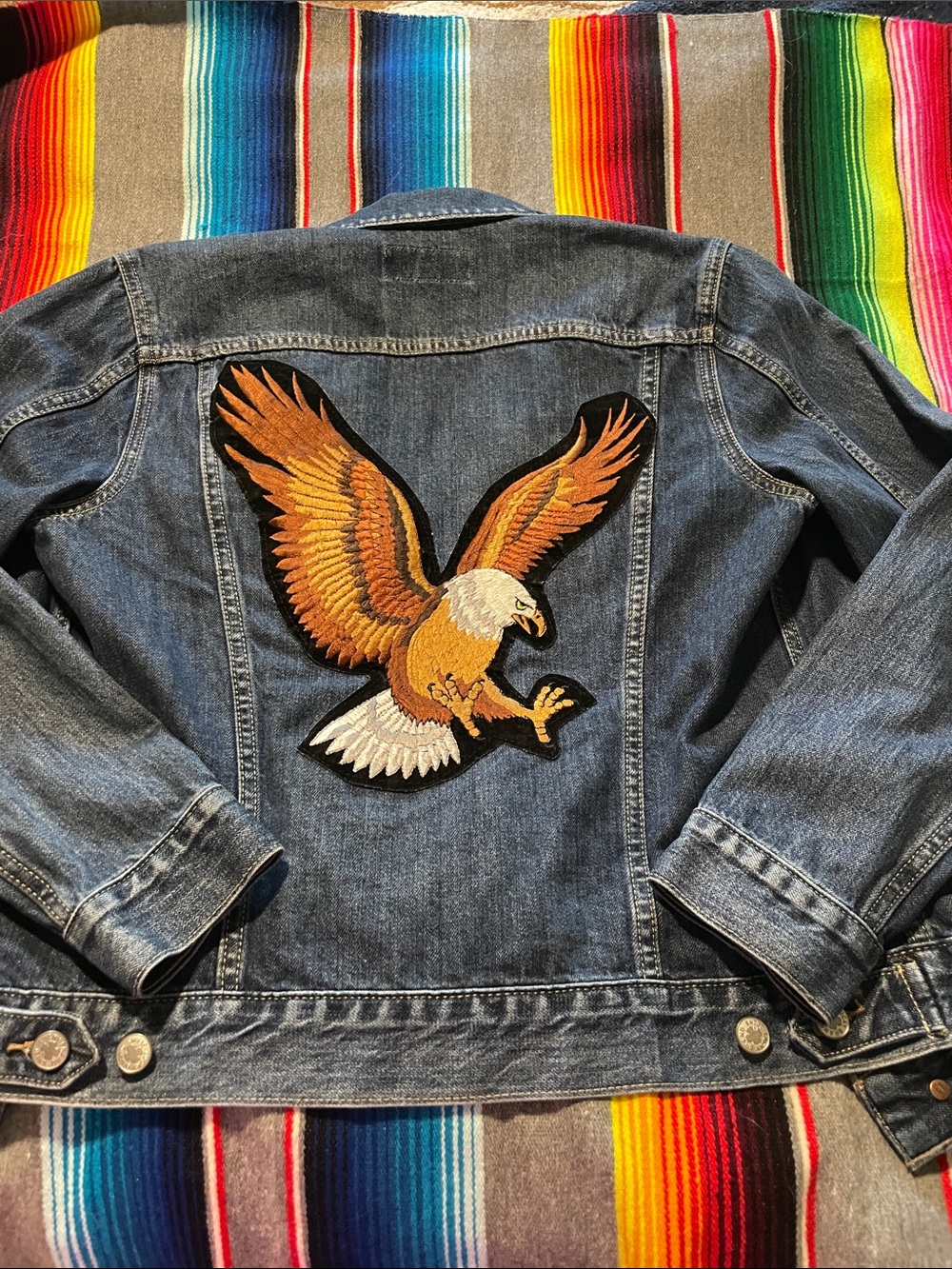 Lucky Brand Blue Denim Jacket with Orange & White Vintage Eagle Patch